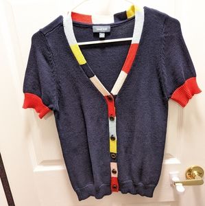 Modcloth 100% Cotton Collegiate Multicolor Navy Blue V-Neck Sweater